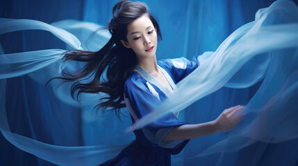 Chinese fashion girl wear flowing silk skirts and flowing blue silk ribbons