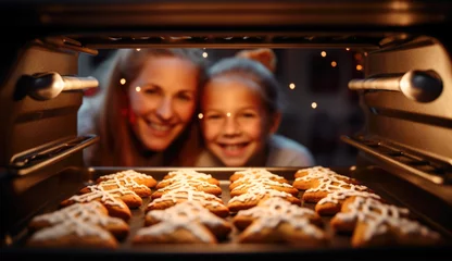 Foto auf Leinwand Cozy Christmas Baking: A Sweet Family Tradition. In the heart of holiday cheer, a mother and her daughter enjoy the magic of baking gingerbread cookies together. © PixelGallery