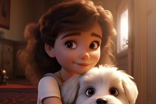 little brown girl, with short curly hair with beautiful big eyes. holding a white chihtzu dog. 3d animation style illustration. generative AI