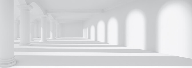White bright room design banner background. Abstract minimal architectural background space. White columns with soft shadows. widescreen minimalistic white architectural background banner with columns