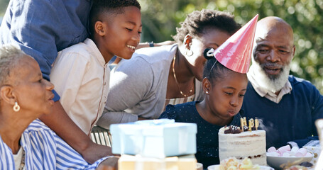 Child, cake or black family in nature for a happy birthday, celebration or support with...
