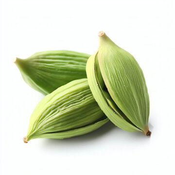 Dry | green | cardamom | pods | Pile | of. dry green | cardamom | seeds | elettaria cardamomum | isolated on white background. Generative AI 