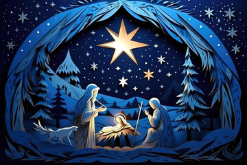 Christmas nativity scene paper cut out. Copy space. Christian Christmas concept. Birth of Salvation, Messiah, Emmanuel, God with us, hope - 679986272