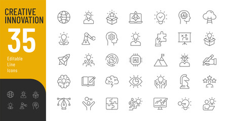 Creative Innovation Line Editable Icons set. Vector illustration in thin line modern style of creativity related icons: ideas, developments, innovations, design, and more. Isolated on white