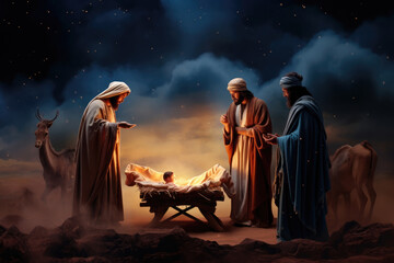 Nativity scene with Mary, Joseph and newborn baby Jesus. Christian Christmas scene with holy family. Birth of Salvation, Messiah, Emmanuel, God with us