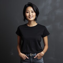 25 year old asian woman wearing a plain black tshirt on a studio background - mockup template - obrazy, fototapety, plakaty