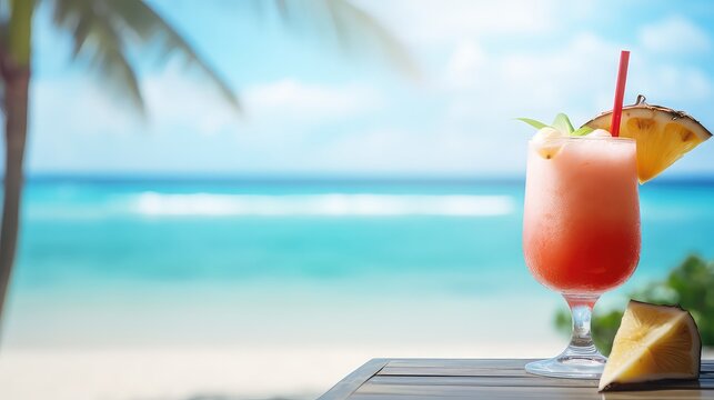 Cold icy exotic drink with pinneaple on wooden table,on blurred tropical beach background, concept of exoctic vacation, summer travel banner