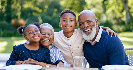 Children, hug or portrait of grandparents in nature with smile in park for love or support in black family. Elderly grandma, happy or African kids with a senior man to relax or bond in retirement