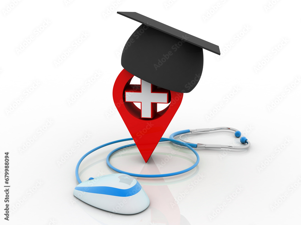 Poster 3d rendering hospital navigation with stethoscope connected mouse
