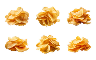 Collection set of crispy potato chips isolated on a transparent background, cut out