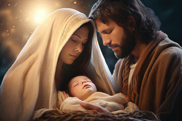 Nativity story - Joseph, Mary and newborn baby Jesus Christ. Christian Christmas scene with holy family in dark blue night. Birth of Salvation, Messiah, Emmanuel, God with us © jchizhe