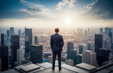 Fototapeta na wymiar man in suit standing on rooftop, looking out over city. He is alone and seems to be lost in thought. successful businessman in suit standing on rooftop. Business ambition concept