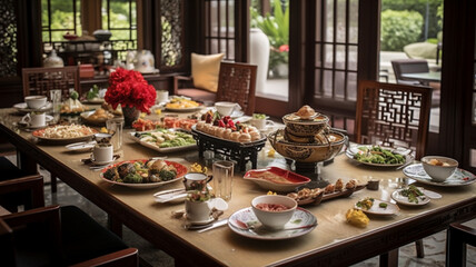 Fototapeta premium the dining table is set with a lavish spread of traditional Chinese dishes