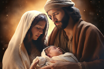 Nativity story - Joseph, Mary and newborn baby Jesus Christ. Christian Christmas scene with holy family in dark blue night. Birth of Salvation, Messiah, Emmanuel, God with us © jchizhe