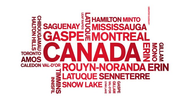 Canada animated tag word cloud;text design animation List of cities towns kinetic typography seamless loop.