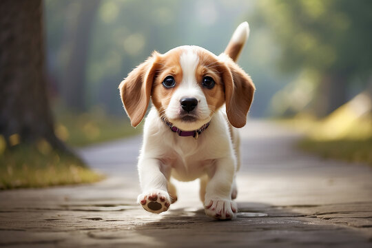 A cute, lively, irresistible puppy. This adorable puppy jumps in the air, showing his boundless joy and playfulness.