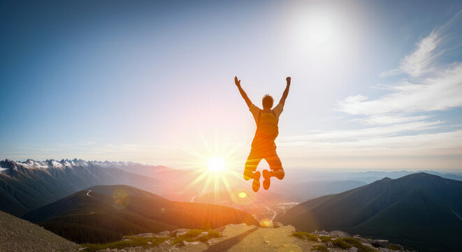 silhouette Happy man with arms up jumping at sunset on top mountain. Successful hiker celebrating success on cliff