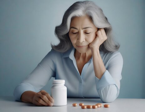 Sad Woman Sitting With Her Chin On The Table There Was A Brown Medicine Bottle On The Table.