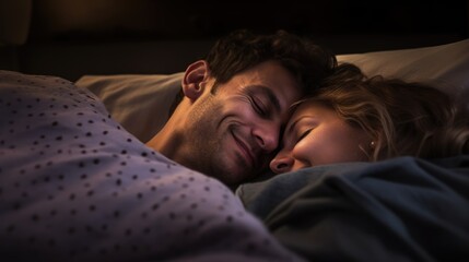 couple cuddling in bed, cozy time, dimmed light