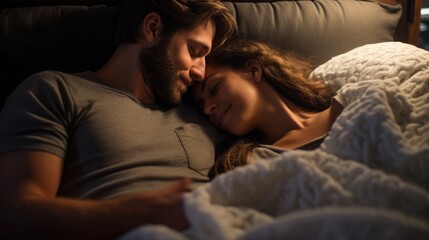 Fototapeta na wymiar couple cuddling in bed, cozy time, dimmed light