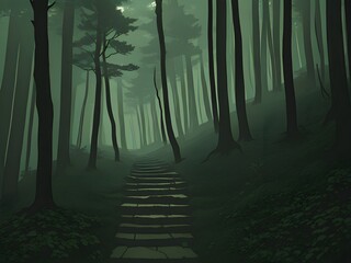 Mysterious stairs in gloomy forest