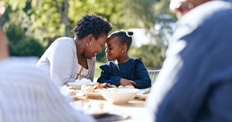 Smile, mother and daughter with forehead touch at garden lunch, nature and vacation together with love. Black people, woman or child with happy family, reunion and care for thanksgiving in park - obrazy, fototapety, plakaty