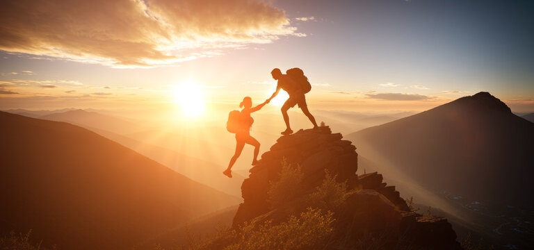 Hiker helping friend reach mountain top. Help and assistance concept. Silhouettes of two people climbing on mountain. assistance and teamwork and partnership.