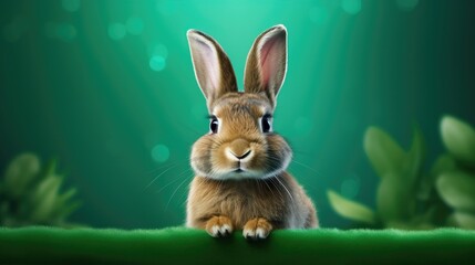 cute bunny on an emerald background looking into the camera