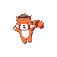 cute vector animal red panda with mafia hat sitting