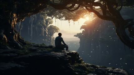a synthetic character finds solace under the branches of an ancient tree