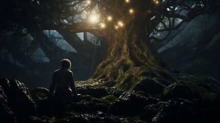 a synthetic character finds solace under the branches of an ancient tree