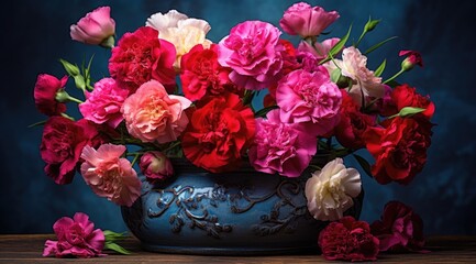 Bouquet of carnations in ceramic pot. Generative AI