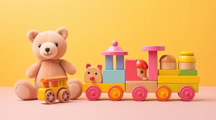 Educational kids toys collection, bear, wooden train. Generative AI