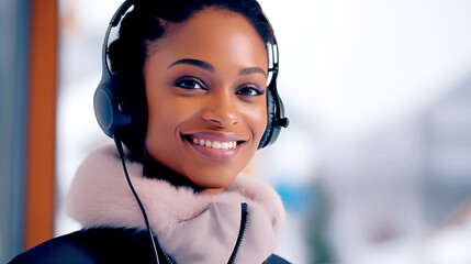 SMILING AFRICAN AMERICAN WOMAN CALL CENTER WORKER. legal AI	