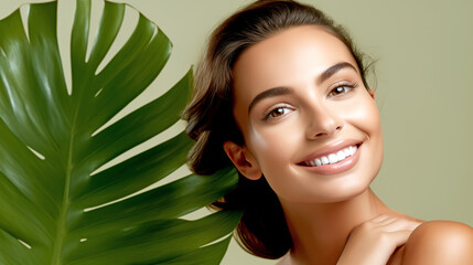 YOUNG WOMAN WITH PERFECT SMOOTH SKIN IN TROPICAL LEAVES. NATURAL COSMETICS AND SKIN CARE CONCEPT. legal AI