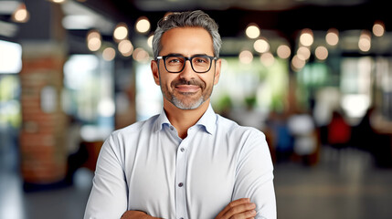 Fototapeta premium PORTRAIT OF A HAPPY SMILING MATURE BUSINESSMAN AGAINST OFFICE BACKGROUND. legal AI 