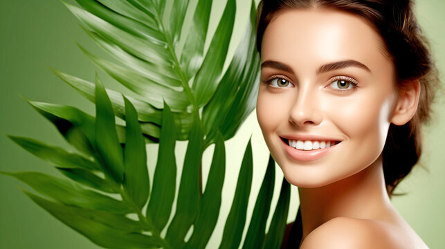 YOUNG WOMAN WITH PERFECT SMOOTH SKIN IN TROPICAL LEAVES. NATURAL COSMETICS AND SKIN CARE CONCEPT. legal AI