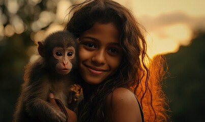 A young girl holding a baby monkey in her arms. Generative AI. - Powered by Adobe