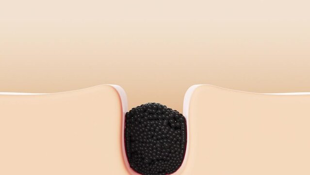 Close up of the skin where a large pore is visible, entering, filling with black molecules that can symbolize both skincare products and impurities, dirt or oil. Versatile 3D animation.
