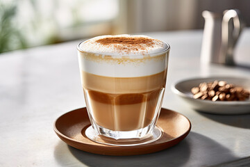 Coffee cup and coffee beans on table