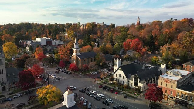 Aerial view of downtown Granville churches and Swayze Chapel at Denison University