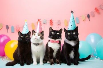 Group of friends cat in party celebration on pastel background.