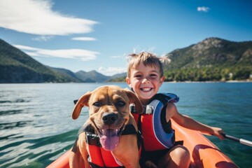Cute little boy with dog on inflatable boat on lake. - obrazy, fototapety, plakaty