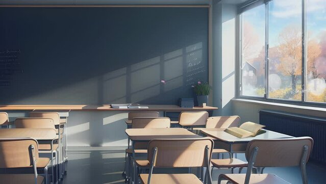 empty classroom with black chalkboard, desks, chairs and windows in winter view. Cartoon or anime watercolor painting illustration style. seamless looping 4K virtual video animation background.