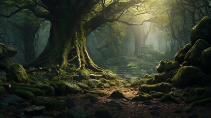 A tree in a mystical forest with ancient, moss-covered stones - obrazy, fototapety, plakaty