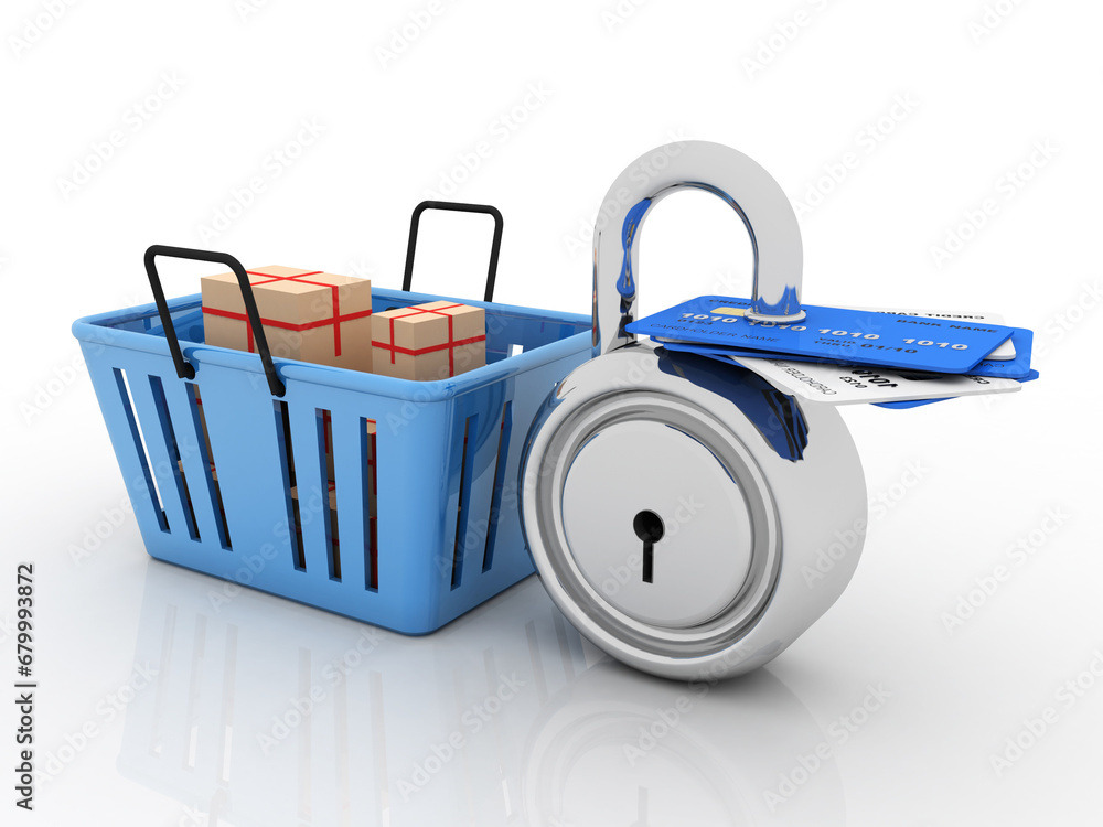 Aufkleber 3d rendering cardboard boxes on basket with debit card protected lock