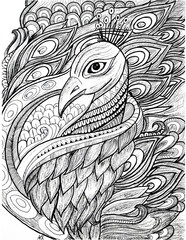 Peacock hand drawn mandala pen art  in black and white 