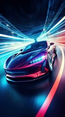 Racing Sportscar with Neon Lights Background - obrazy, fototapety, plakaty