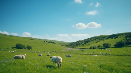 Capture a peaceful scene of livestock, such as cows or sheep, grazing in a lush green pasture against a backdrop of rolling hills and a clear sky, AI generated