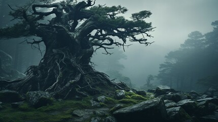 A tree in the heart of a misty, ancient forest, shrouded in mystery